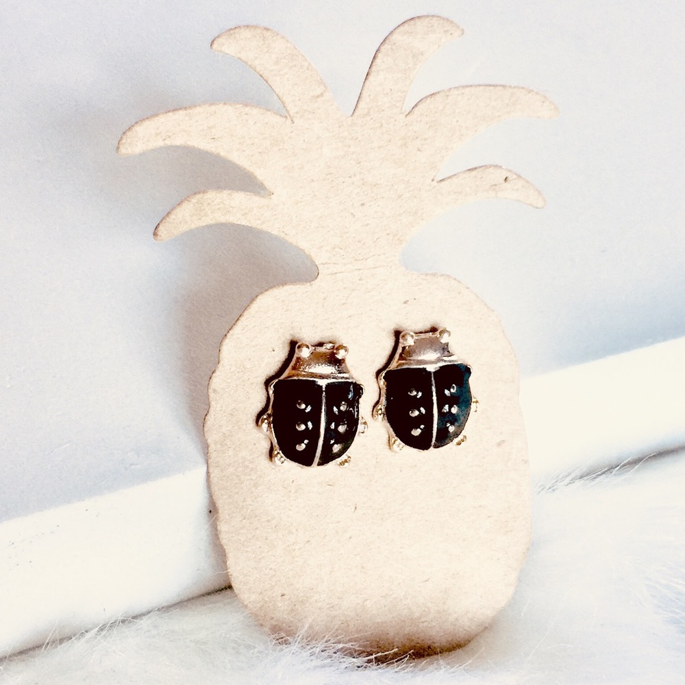💌 🍩 Rose Gold Tone Black Ladybug Earrings